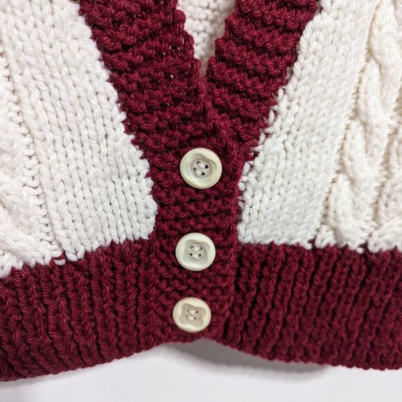 Hand knit cable cardigan maroon and white - Picture 6 of 14